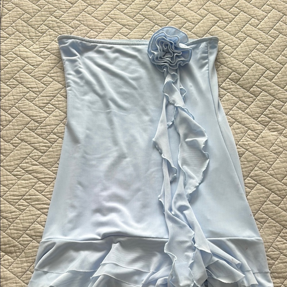 Light Blue Strapless Dress with Floral Detail